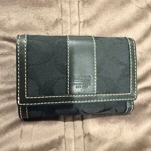 Coach Black Leather/Fabric Wallet in Classic Print